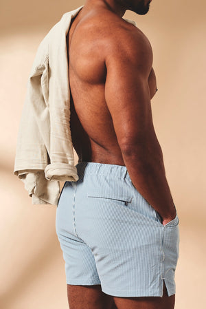 Quick Dry Seersucker Stripe Swim Short in Blue and White