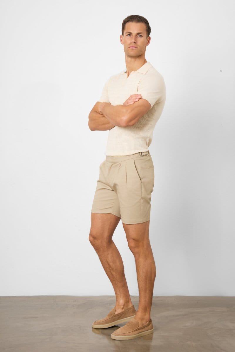 Smart Pleated Cotton Side Adjust Short in Stone - TAILORED ATHLETE - ROW