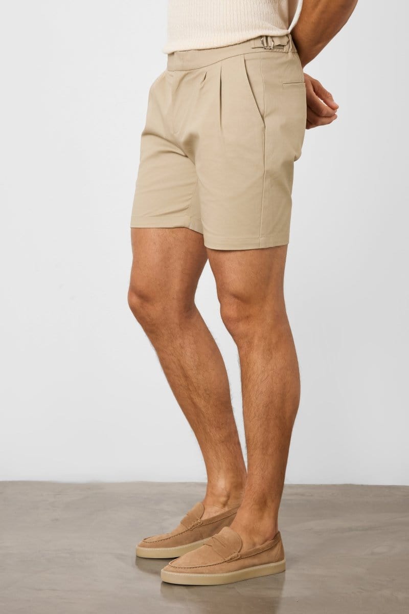 Smart Pleated Cotton Side Adjust Short in Stone - TAILORED ATHLETE - ROW