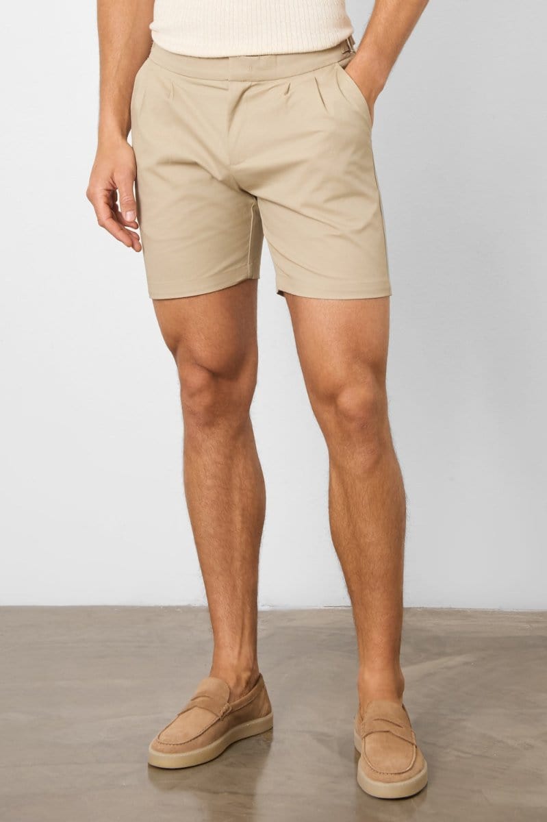 Smart Pleated Cotton Side Adjust Short in Stone - TAILORED ATHLETE - ROW