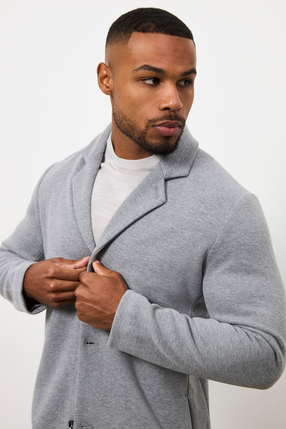 Single Breasted Herringbone Overcoat in Soft Grey