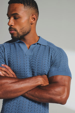 Pointelle Knitted Open Collar Polo Shirt in Blue