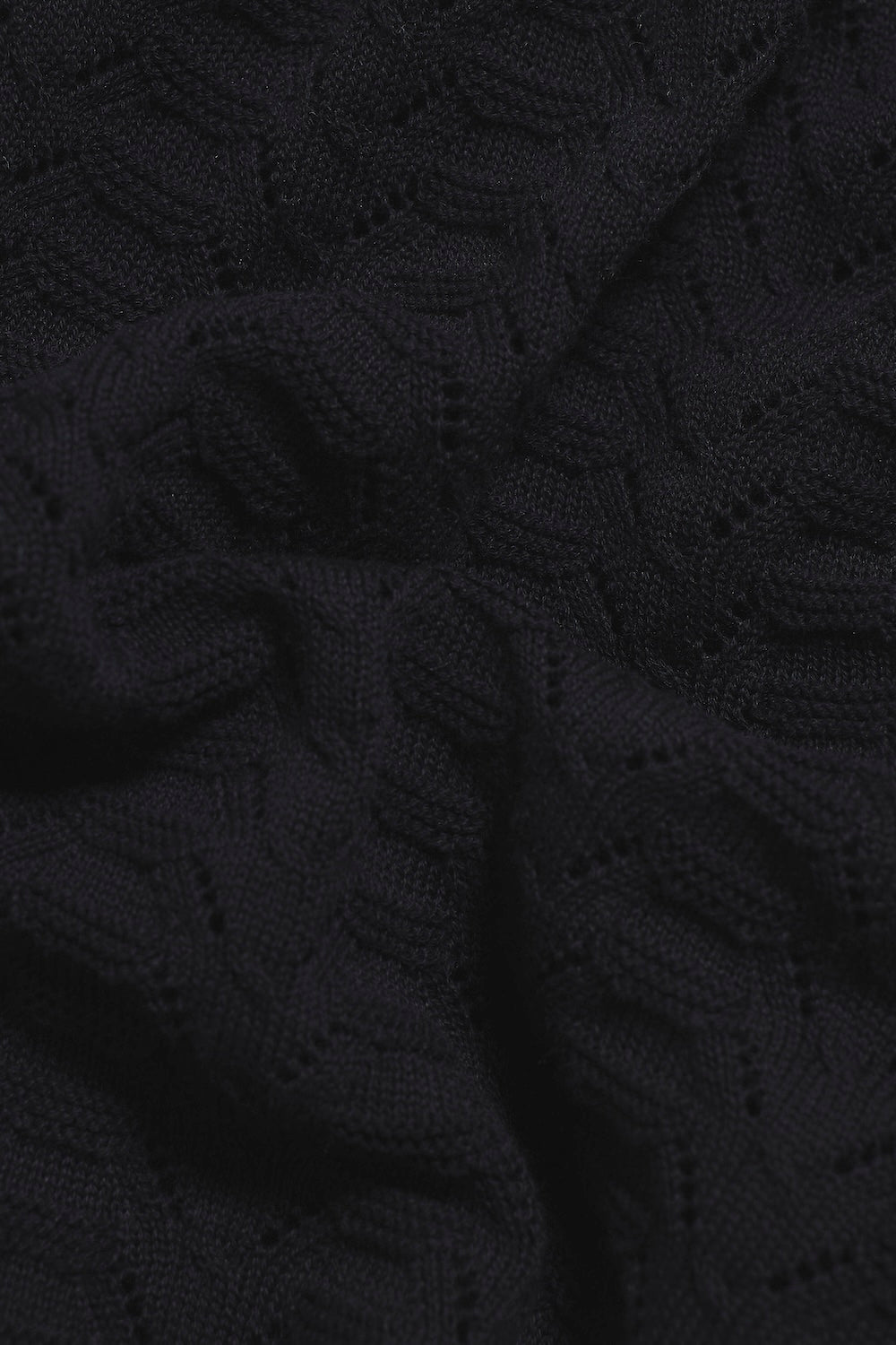 Pointelle Knitted Open Collar Polo Shirt in Black