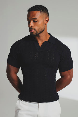 Pointelle Knitted Open Collar Polo Shirt in Black