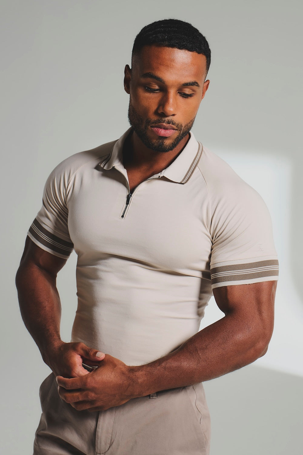 Tipped Zip Neck Polo in Stone and Mocha