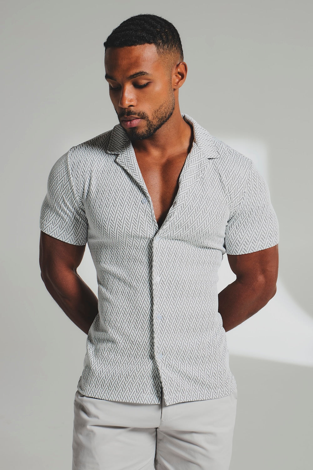 Textured Geo Cuban Collar Shirt in White and Black