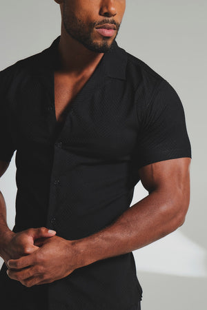 Woven Textured Cuban Collar Shirt in Black