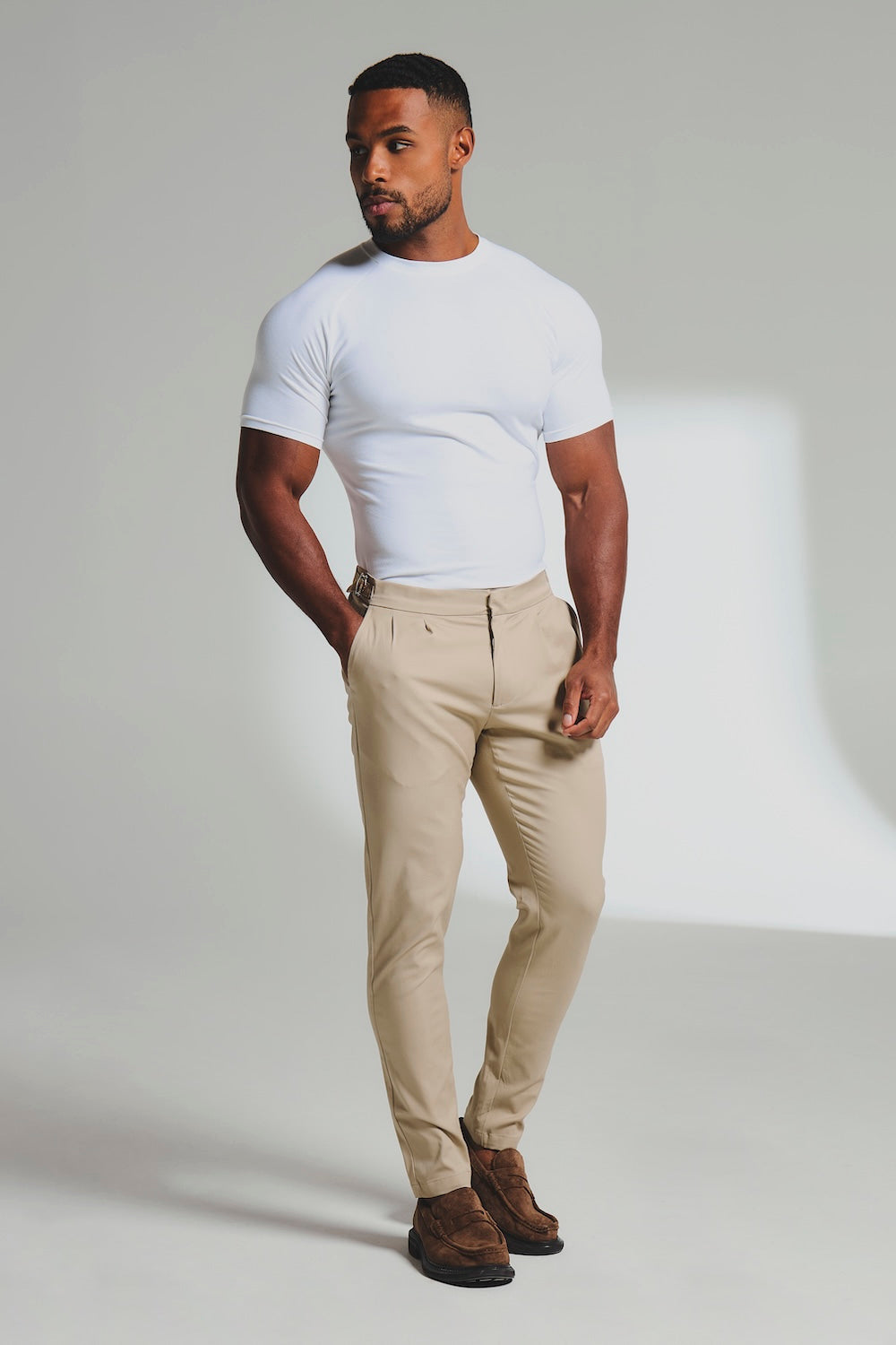 Smart Pleated Cotton Side Adjust Trouser in Stone