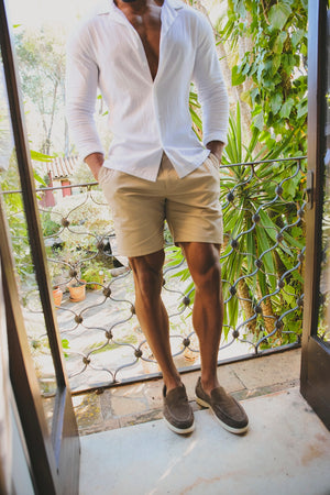 Smart Pleated Cotton Side Adjust Shorts in Stone