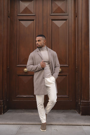 Single Breasted Herringbone Overcoat in Stone