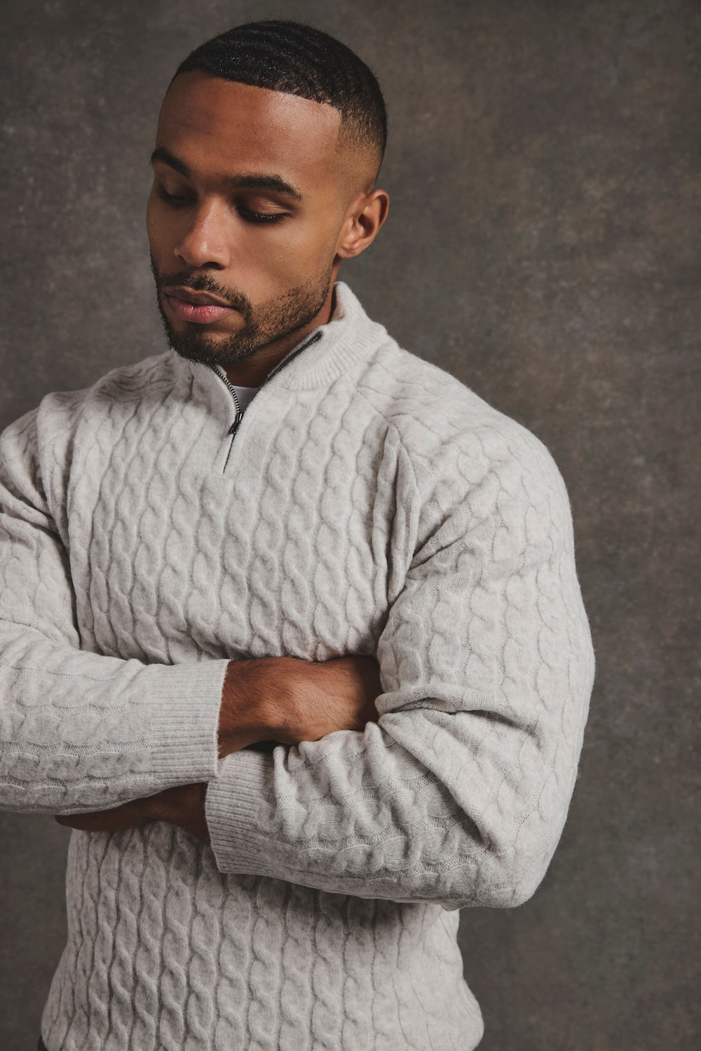 Soft Cable Half Zip Neck Jumper in Grey Marl