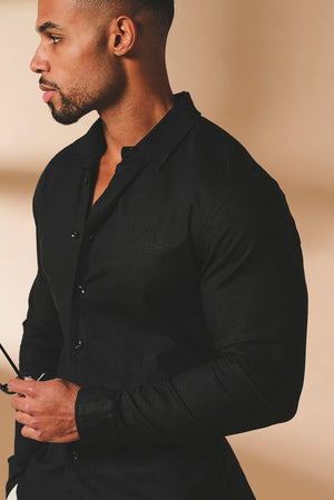 Stretch Linen Blend Button Through Shirt in Black