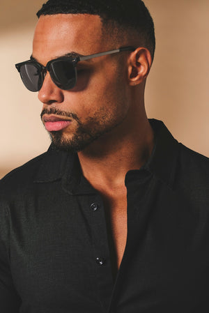 Stretch Linen Blend Button Through Shirt in Black