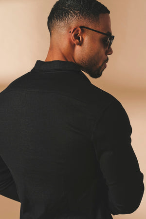 Stretch Linen Blend Button Through Shirt in Black