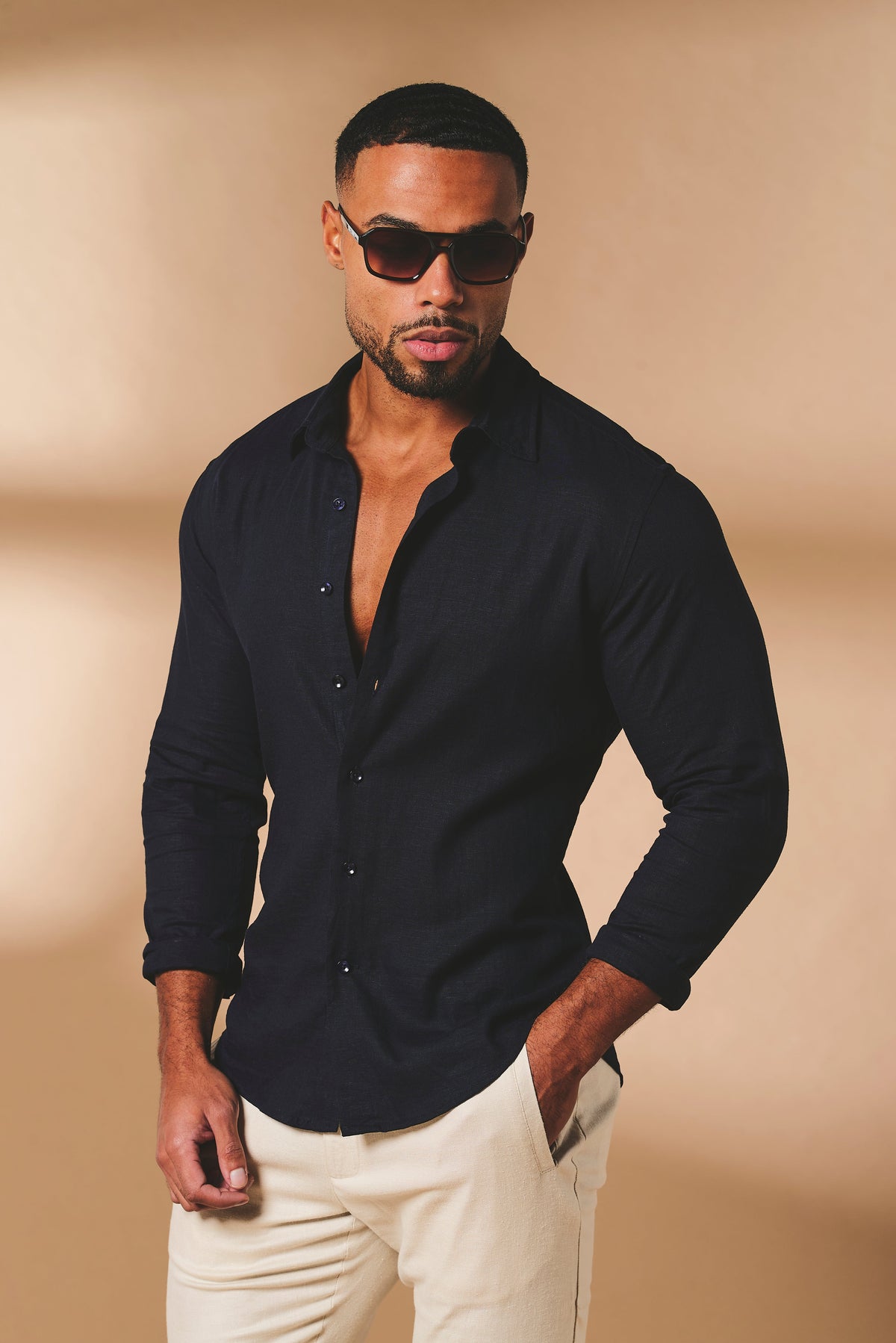 Stretch Linen Blend Button Through Shirt in Navy