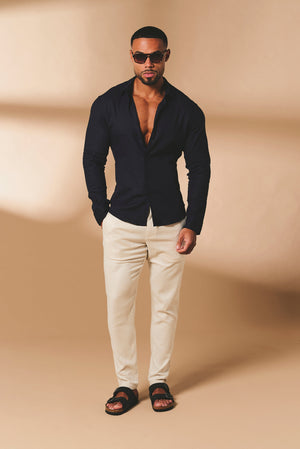 Stretch Linen Blend Button Through Shirt in Navy