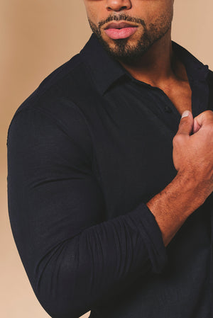 Stretch Linen Blend Button Through Shirt in Navy