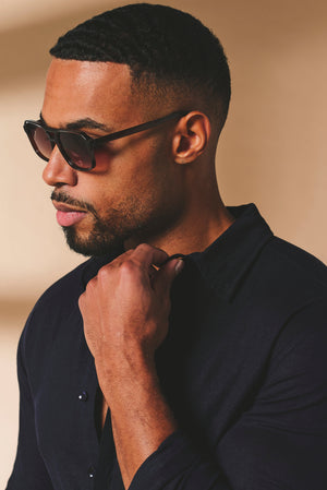 Stretch Linen Blend Button Through Shirt in Navy