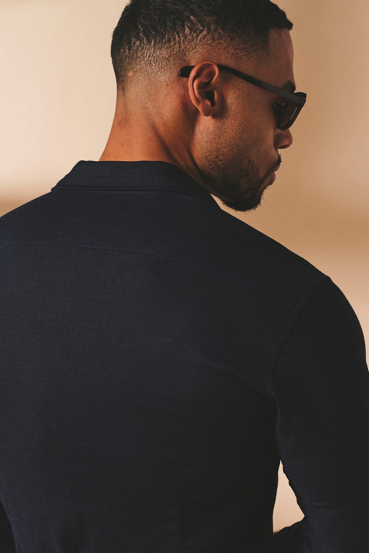 Stretch Linen Blend Button Through Shirt in Navy