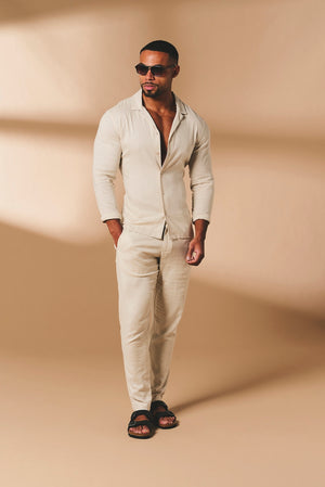 Stretch Linen Blend Cuban Collar Shirt in Stone