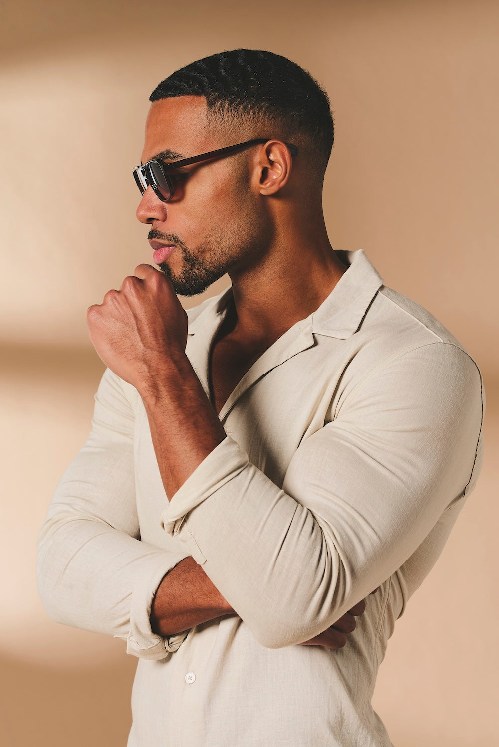 Stretch Linen Blend Cuban Collar Shirt in Stone