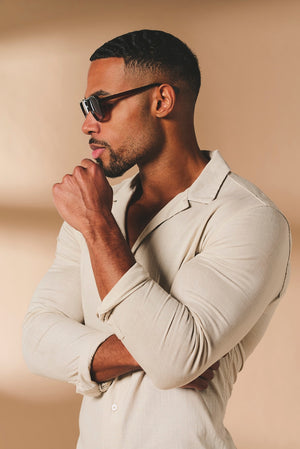 Stretch Linen Blend Cuban Collar Shirt in Stone