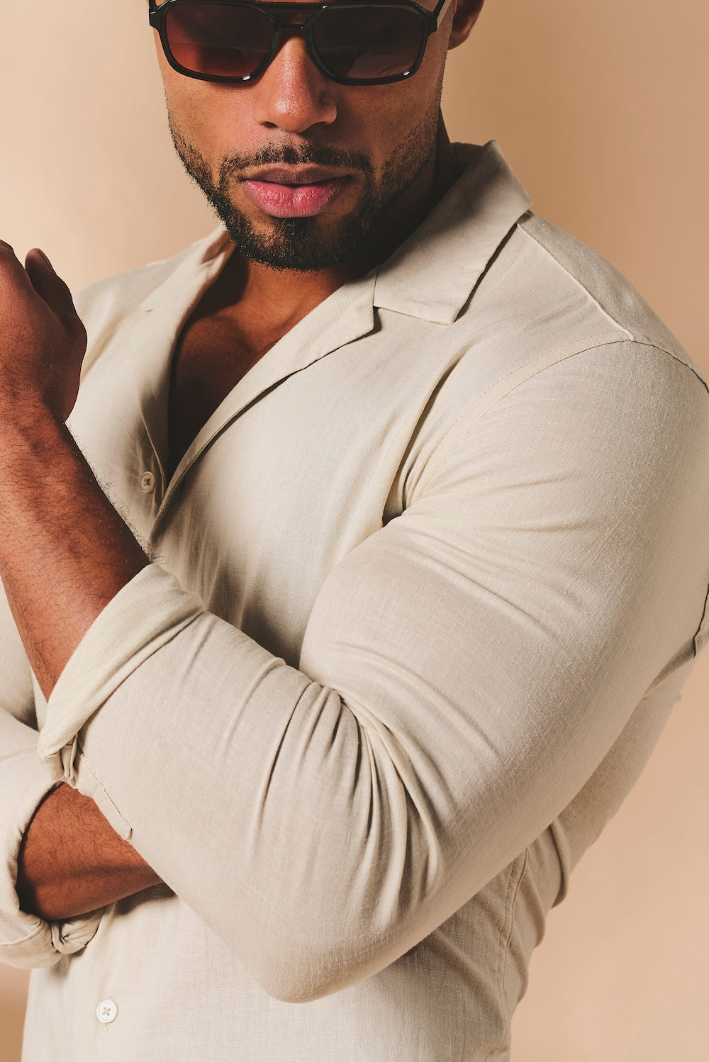 Stretch Linen Blend Cuban Collar Shirt in Stone