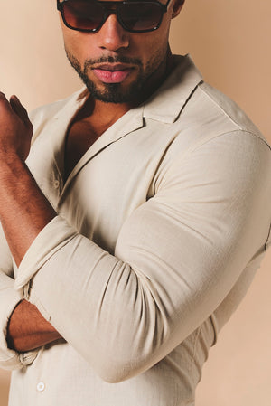 Stretch Linen Blend Cuban Collar Shirt in Stone