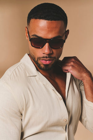 Stretch Linen Blend Cuban Collar Shirt in Stone