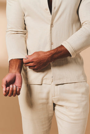 Stretch Linen Blend Cuban Collar Shirt in Stone