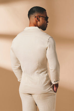 Stretch Linen Blend Cuban Collar Shirt in Stone