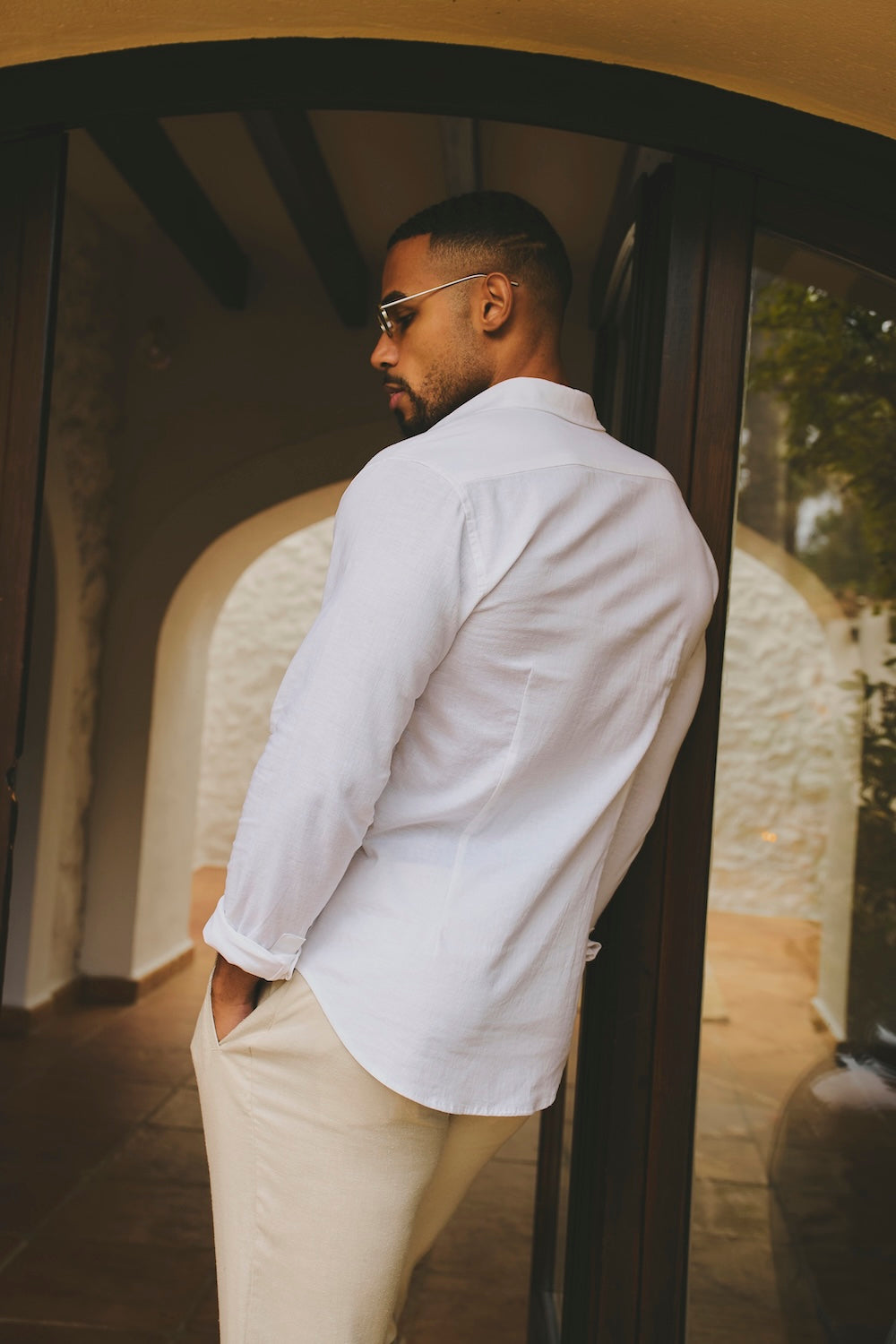Stretch Linen Blend Button Through Shirt in White