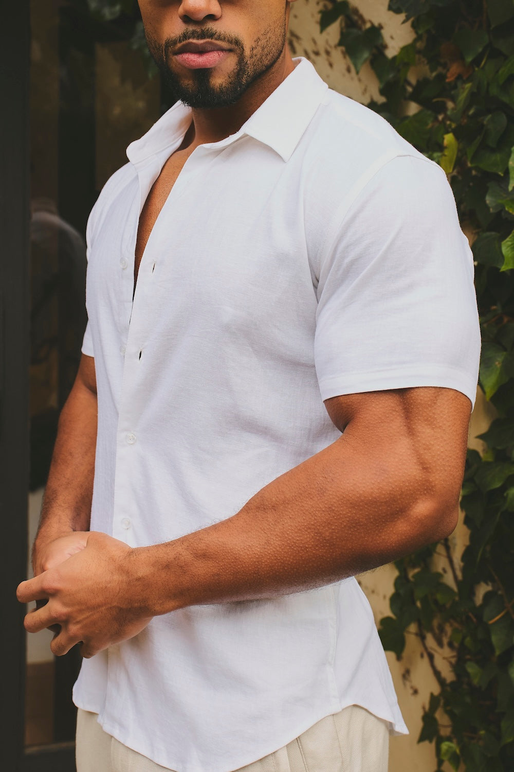Stretch Linen Blend Button Through Shirt in White