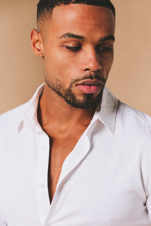 Stretch Linen Blend Button Through Shirt in White