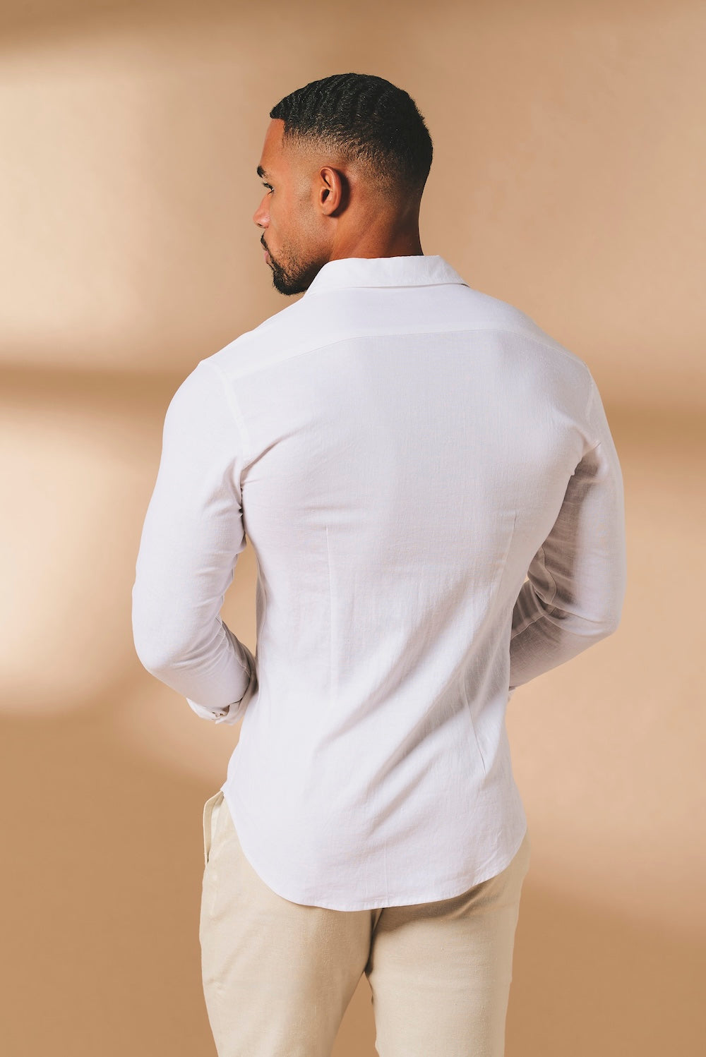 Stretch Linen Blend Button Through Shirt in White