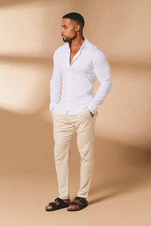 Stretch Linen Blend Button Through Shirt in White