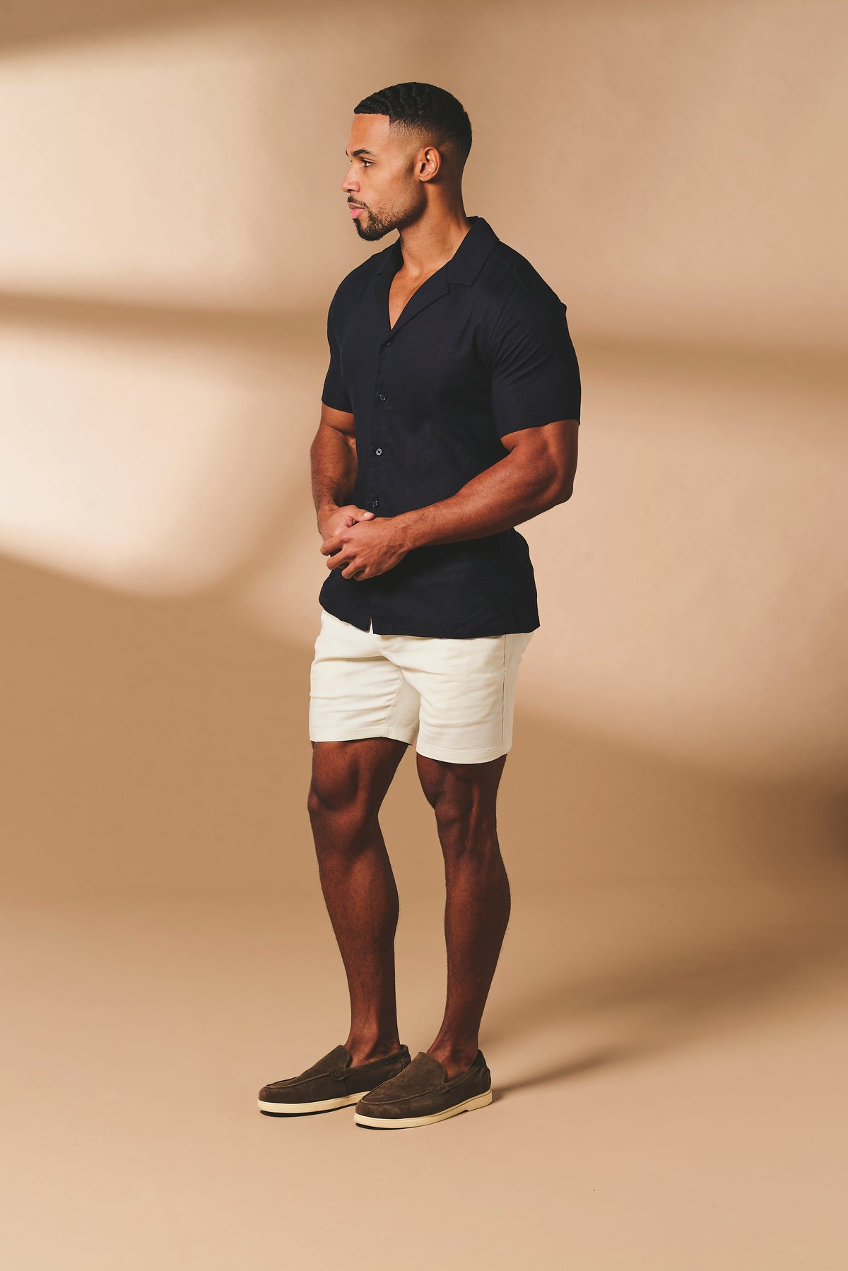 Stretch Linen Blend Cuban Collar Shirt in Navy