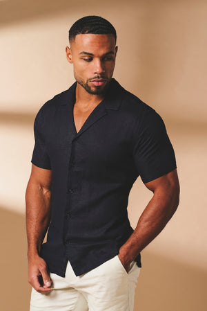 Stretch Linen Blend Cuban Collar Shirt in Navy