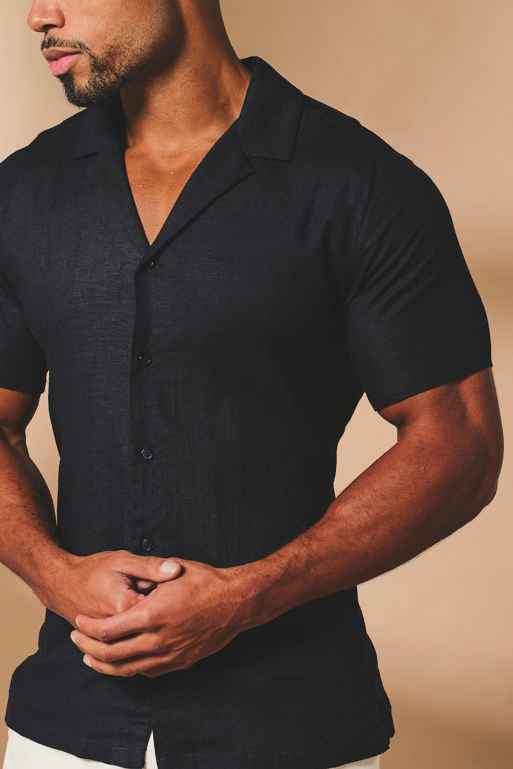 Stretch Linen Blend Cuban Collar Shirt in Navy