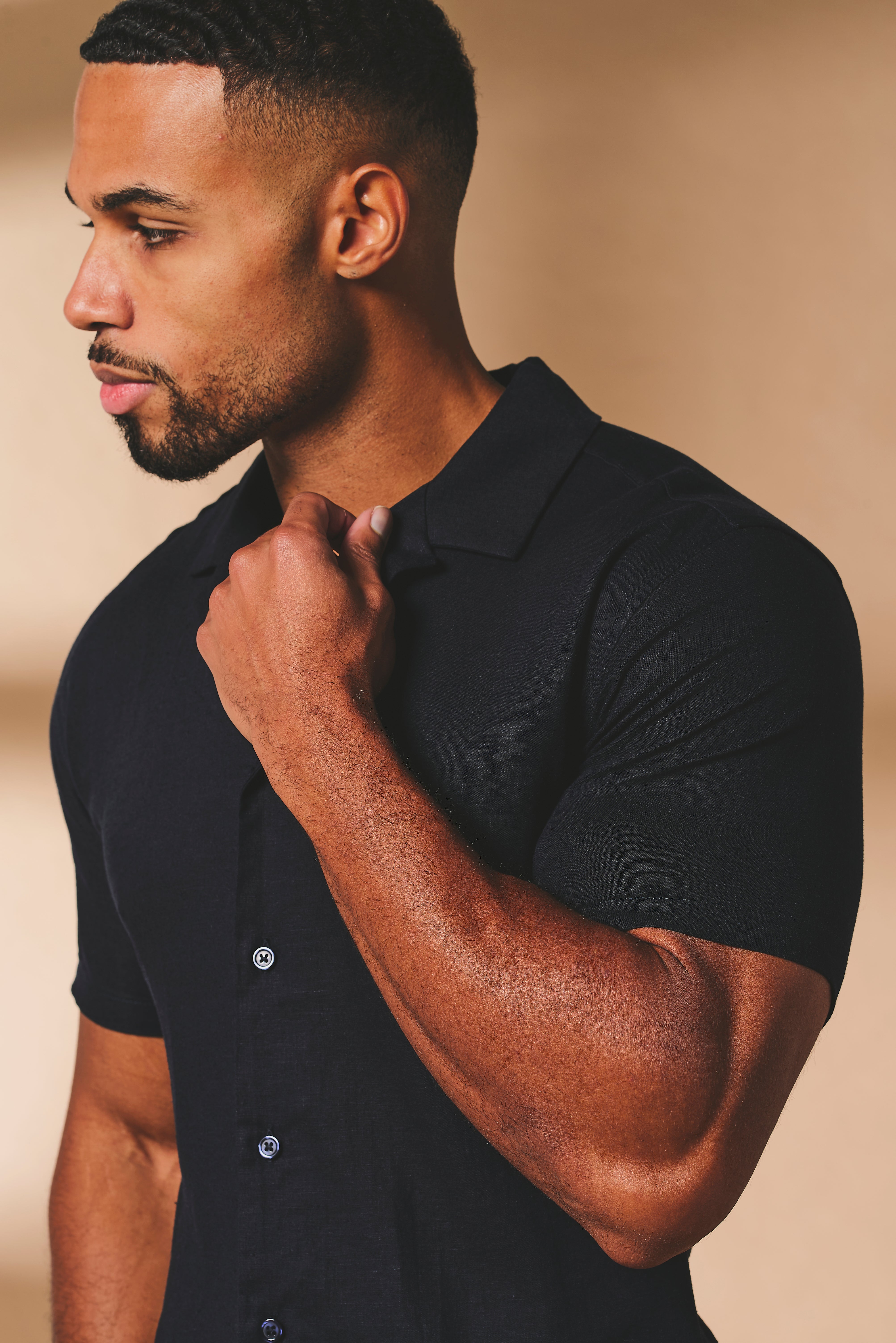 Stretch Linen Blend Cuban Collar Shirt in Navy