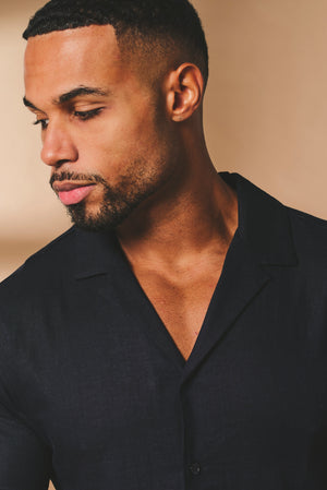 Stretch Linen Blend Cuban Collar Shirt in Navy