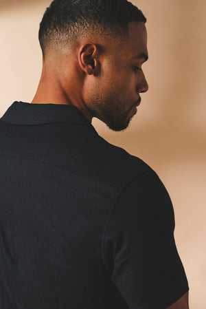 Stretch Linen Blend Cuban Collar Shirt in Navy