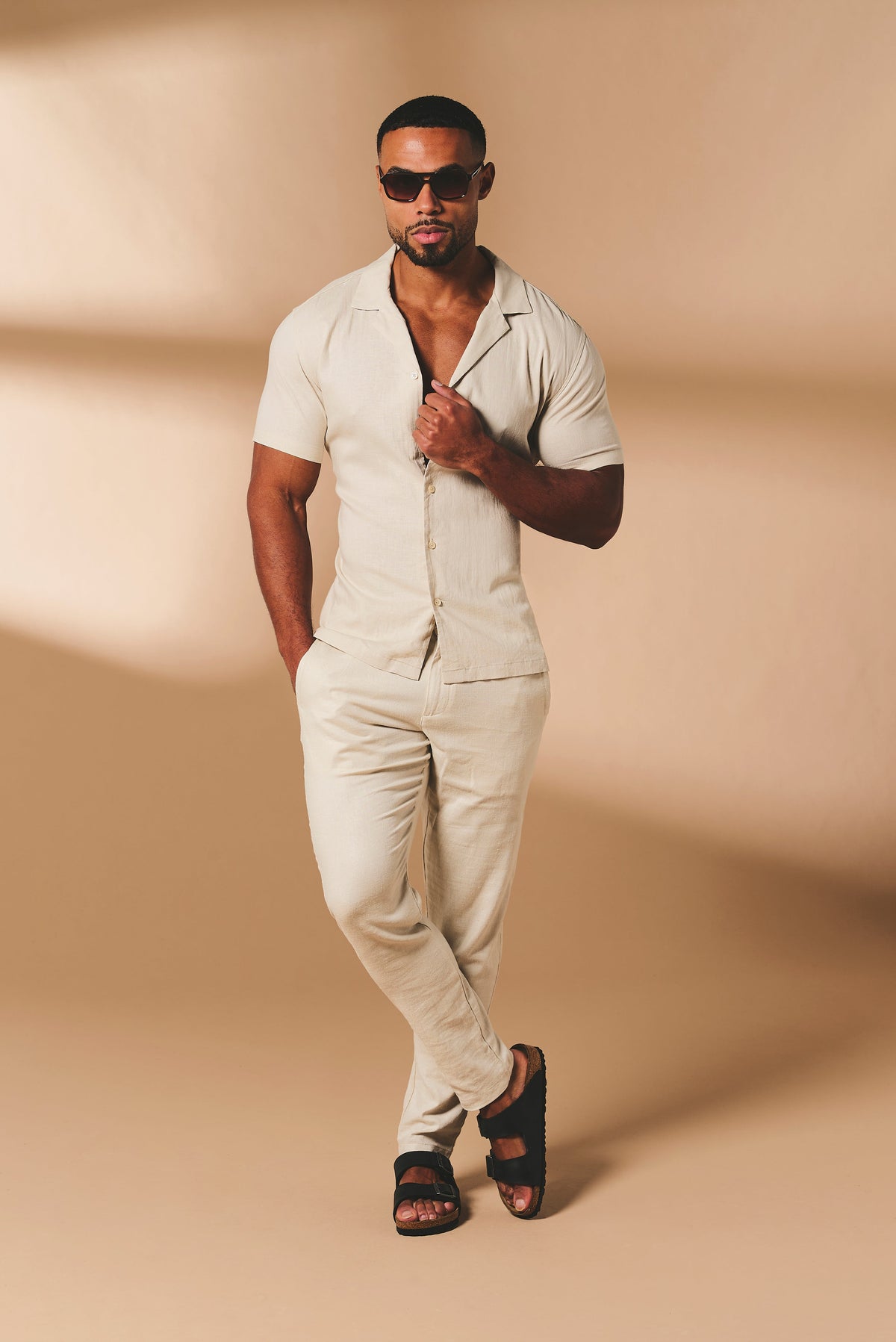 Stretch Linen Blend Cuban Collar Shirt in Stone