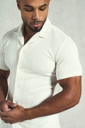 Stripe Patterned Cuban Collar Shirt in Ecru