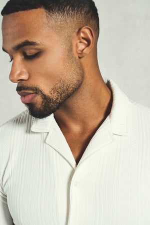 Stripe Patterned Cuban Collar Shirt in Ecru