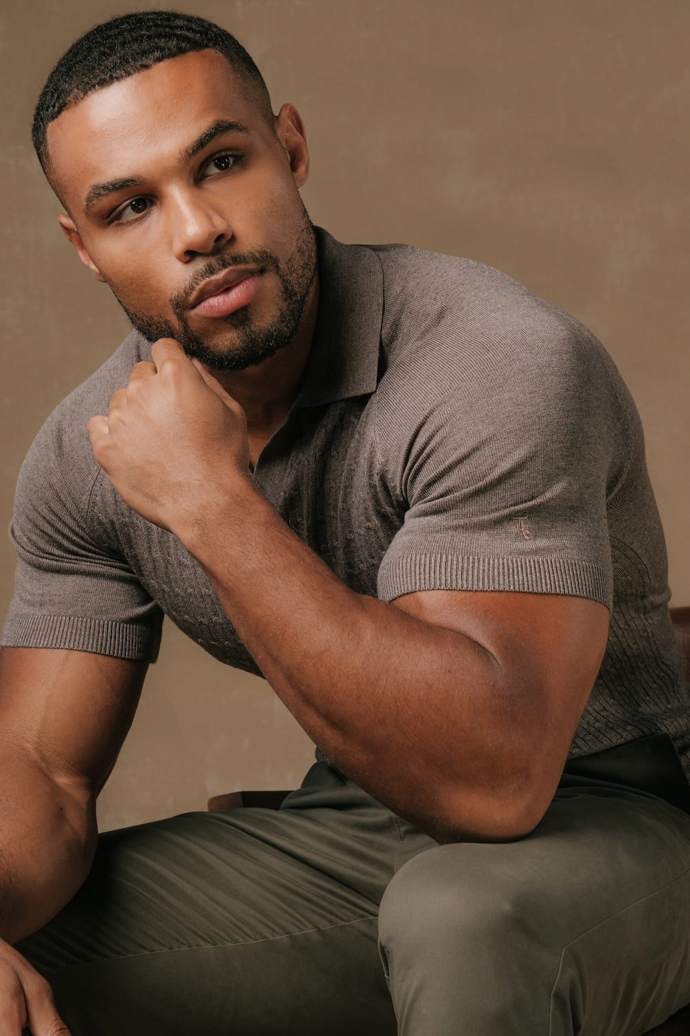 Fine Cable Knitted Polo Shirt in Dark Mocha Marl