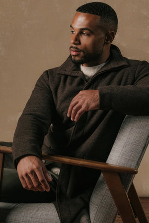 Herringbone Funnel Neck Overcoat in Mocha