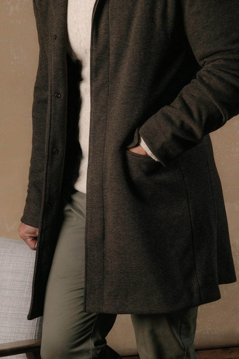 Herringbone Funnel Neck Overcoat in Mocha