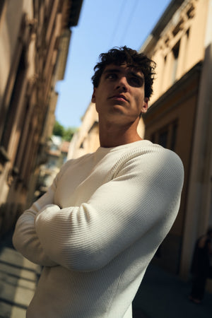 Pure Cotton Knitted Textured Crew Neck Jumper in Winter White