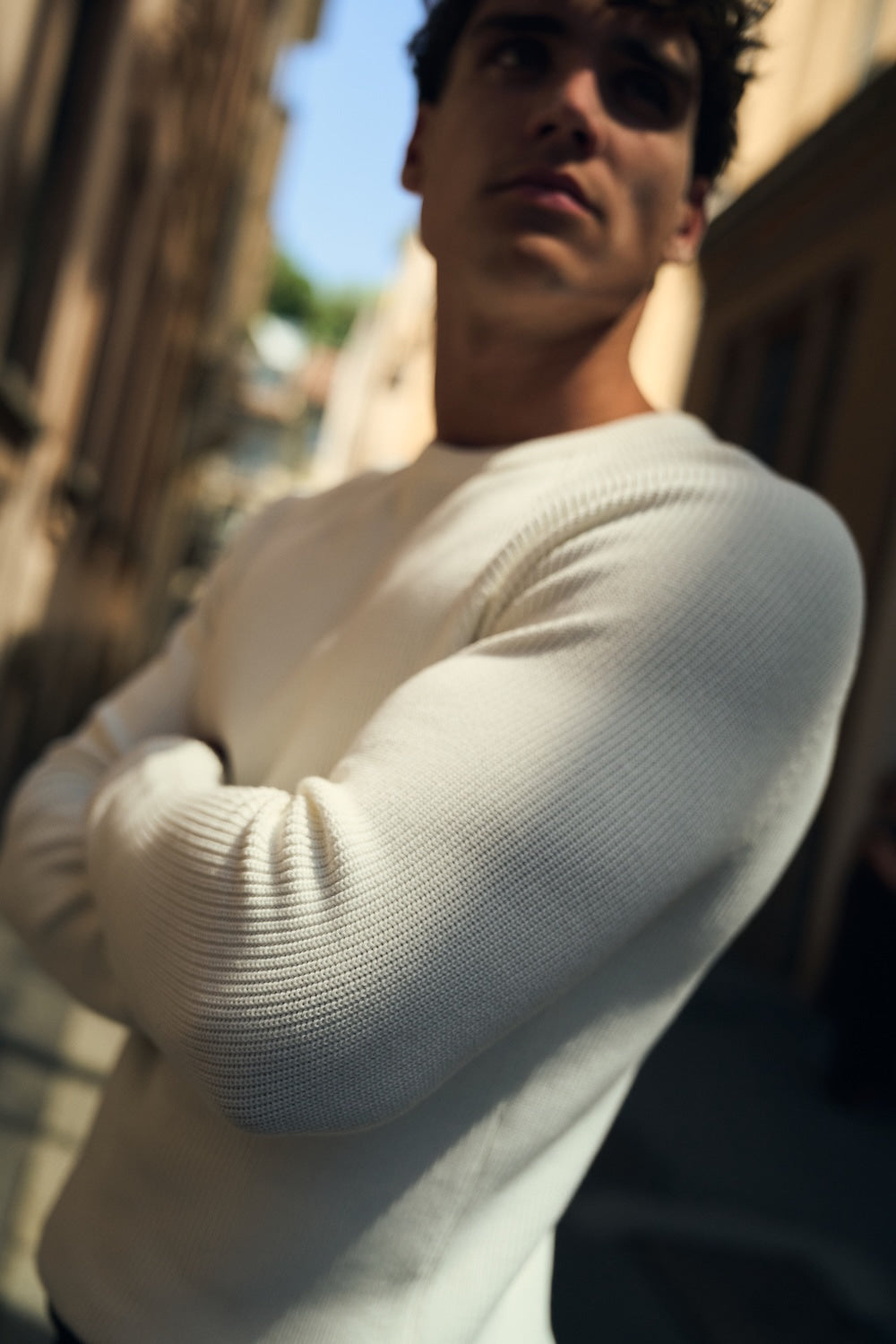 Pure Cotton Knitted Textured Crew Neck Jumper in Winter White